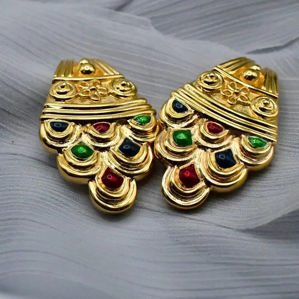Vintage Christian Dior 1980s Runway Etruscan Revival Enamel Shield Earrings 2" - Picture 2 of 11